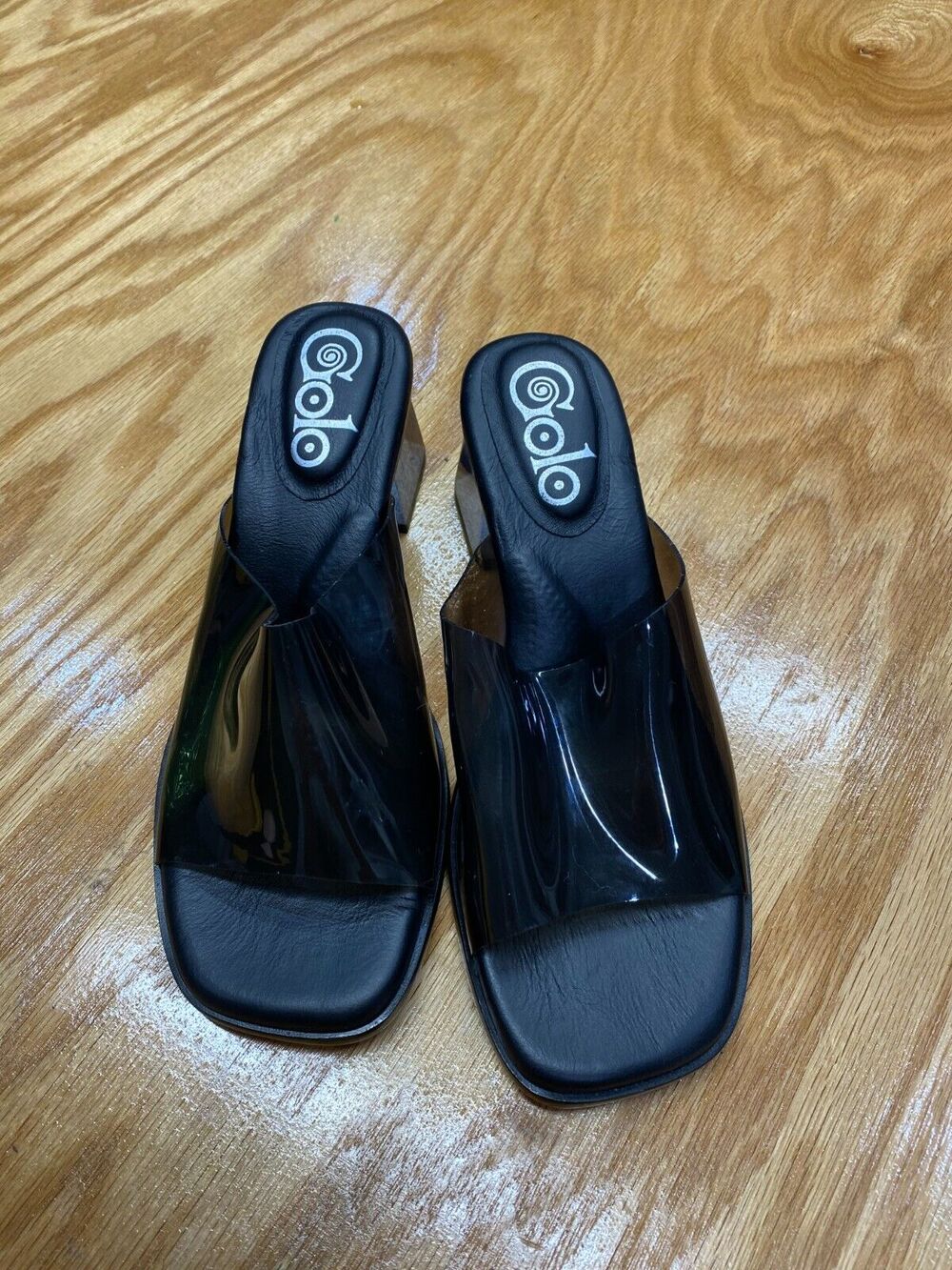 Golo Women's Black Transparent Slip On Square Toe Block Heels Size 7 S16